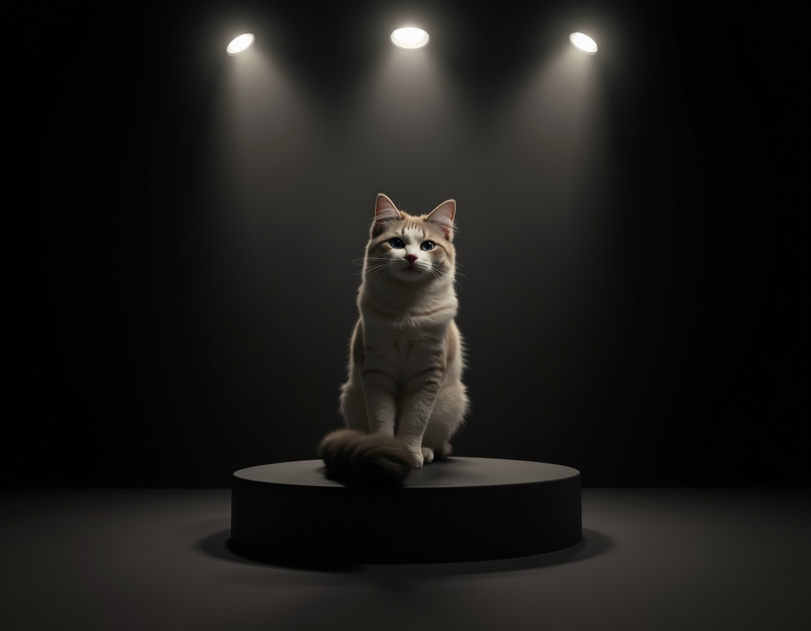 Photorealistic studio portrait of cat sitting elegantly on a black podium under a bright spotlight.